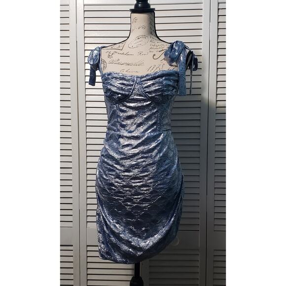 Lioness UO Bustier Mini Dress Women's Large Metallic Silver Blue Shoulder Tie - Picture 1 of 11